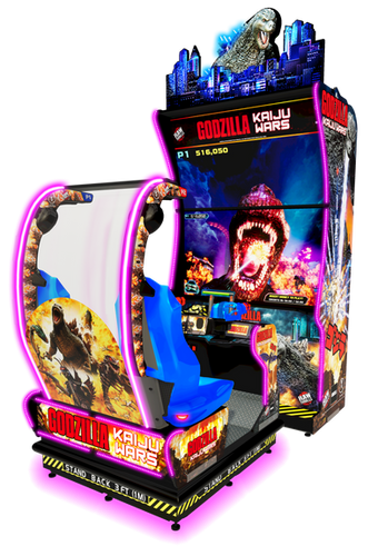 Godzilla: Kaiju Wars Deluxe Edition arcade game featuring dual screens and motion platform