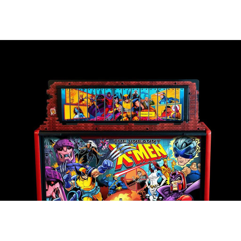 The Uncanny X-Men Pinball Topper by Stern featuring a rotating 80s-style billboard and RGB LED lighting